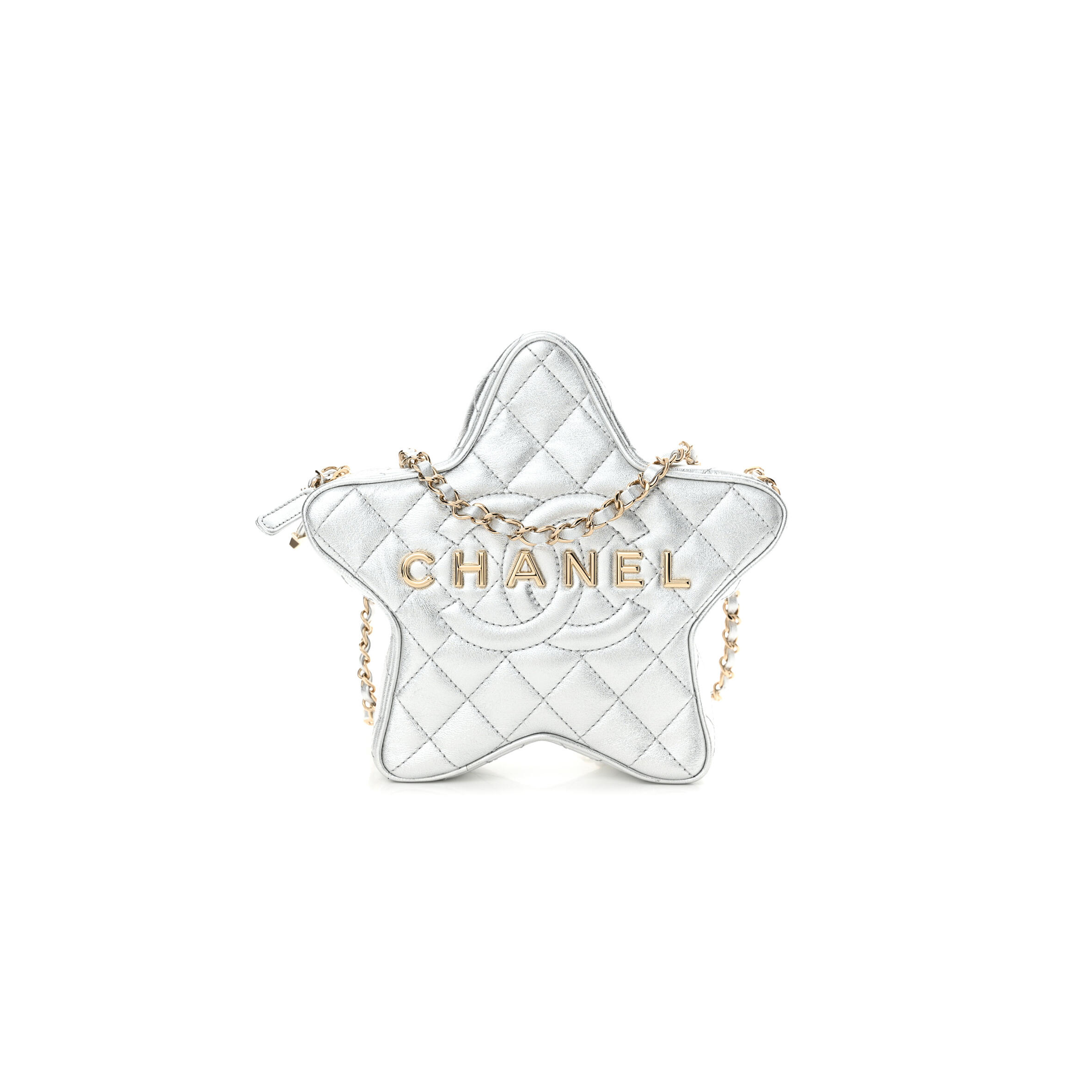 CHANEL METALLIC LAMBSKIN WALK OF FAME BAG SILVER AS4579 (22.5*22.5*6cm)